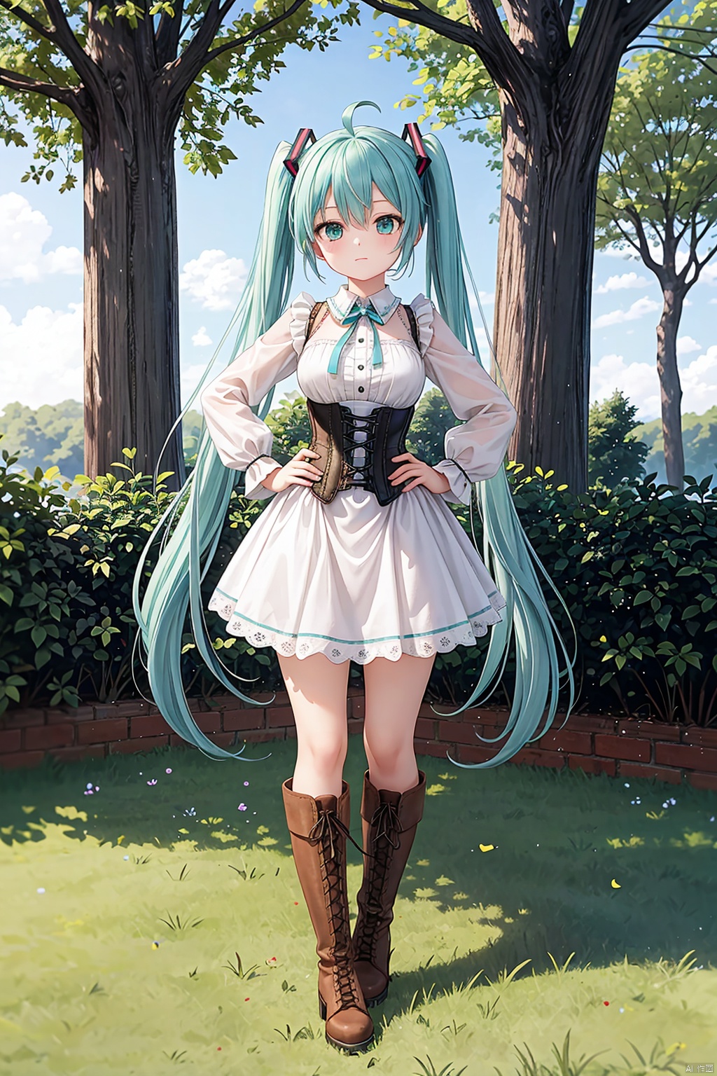  1girl, solo, long hair, breasts, looking at viewer, long sleeves, dress, ribbon, twintails, very long hair, closed mouth, green eyes, standing, full body, ahoge, boots, outdoors, day, bag, white dress, aqua eyes, two side up, tree, aqua hair, neck ribbon, brown footwear, knee boots, grass, corset, cross-laced footwear, hands on hips, lace-up boots, hatsune miku,high heels,miniskirt