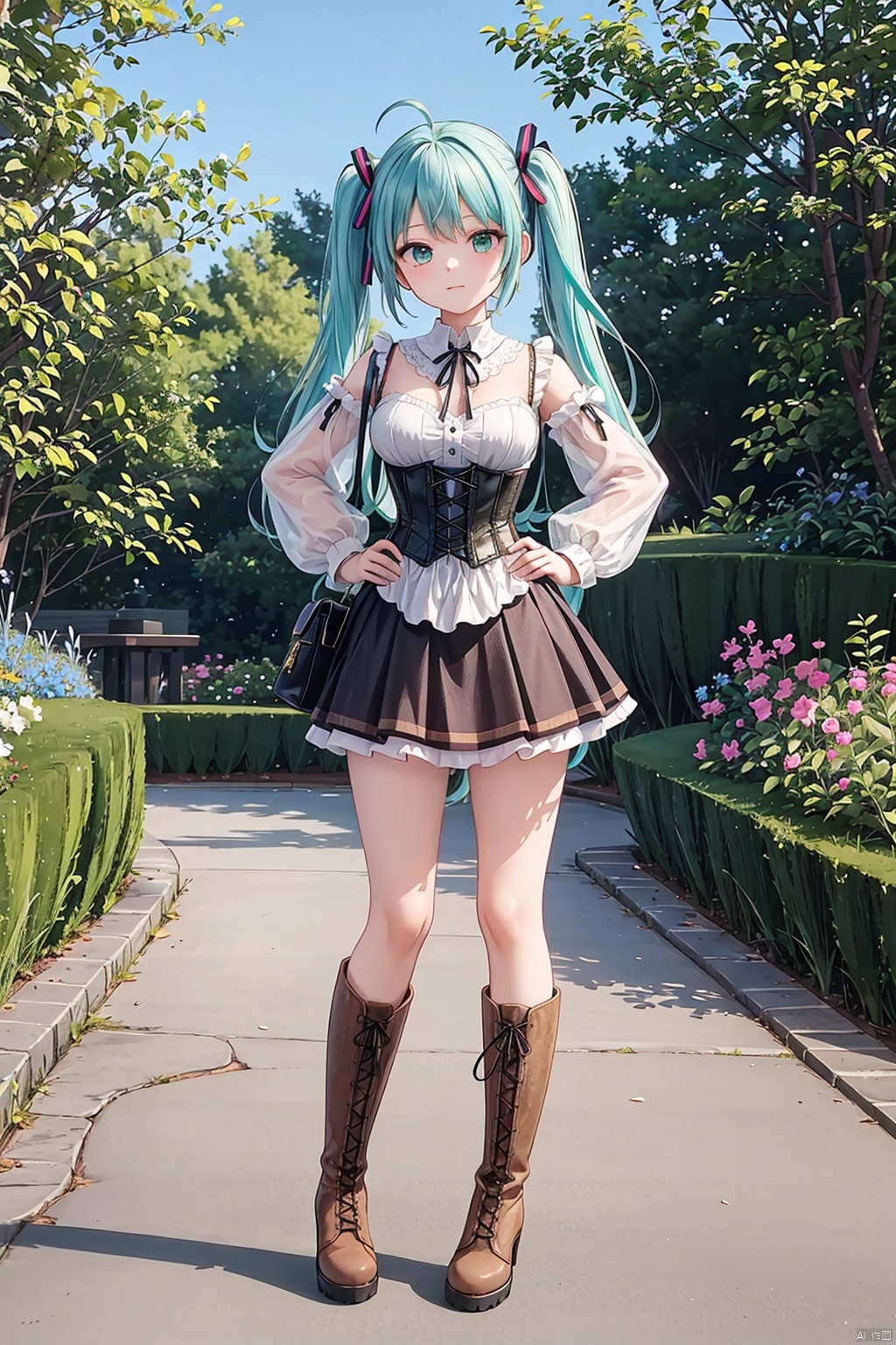  1girl, solo, long hair, breasts, looking at viewer, long sleeves, dress, ribbon, twintails, very long hair, closed mouth, green eyes, standing, full body, ahoge, boots, outdoors, day, bag, white dress, aqua eyes, two side up, tree, aqua hair, neck ribbon, brown footwear, knee boots, grass, corset, cross-laced footwear, hands on hips, lace-up boots, hatsune miku,high heels,miniskirt
