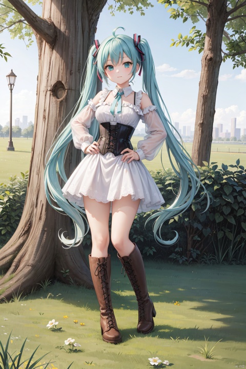  1girl, solo, long hair, breasts, looking at viewer, long sleeves, dress, ribbon, twintails, very long hair, closed mouth, green eyes, standing, full body, ahoge, boots, outdoors, day, bag, white dress, aqua eyes, two side up, tree, aqua hair, neck ribbon, brown footwear, knee boots, grass, corset, cross-laced footwear, hands on hips, lace-up boots, hatsune miku,high heels,miniskirt