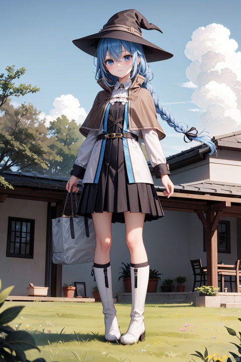 1girl, solo, long hair, looking at viewer, bangs, blue eyes, skirt, shirt, long sleeves, hat, holding, hair between eyes, closed mouth, blue hair, standing, white shirt, braid, pleated skirt, boots, outdoors, sky, day, socks, belt, cloud, black skirt, bag, cape, twin braids, blue sky, black headwear, witch hat, grass, plant, black socks, building, bubble, potted plant, holding bag, house, brown cape, roxy migurdia, LQX_CYQL,very long hair,twin braid,hair ribbon