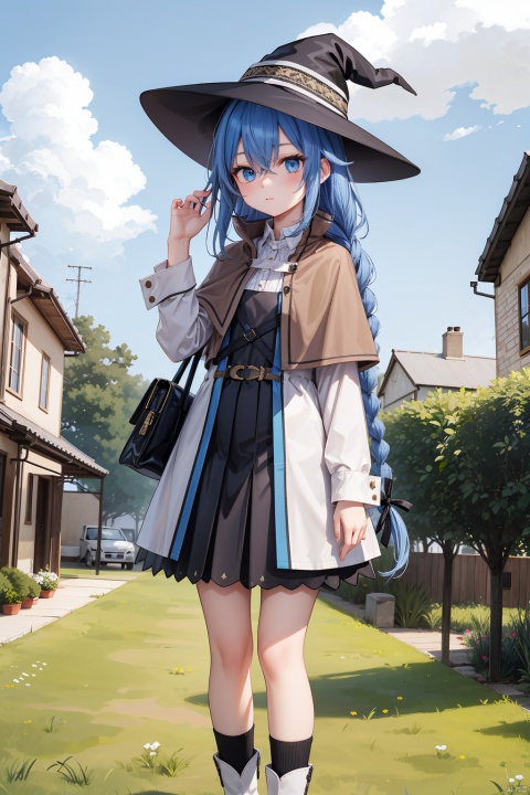 1girl, solo, long hair, looking at viewer, bangs, blue eyes, skirt, shirt, long sleeves, hat, holding, hair between eyes, closed mouth, blue hair, standing, white shirt, braid, pleated skirt, boots, outdoors, sky, day, socks, belt, cloud, black skirt, bag, cape, twin braids, blue sky, black headwear, witch hat, grass, plant, black socks, building, bubble, potted plant, holding bag, house, brown cape, roxy migurdia, LQX_CYQL,very long hair,twin braid,hair ribbon