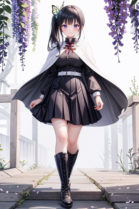  1girl, solo, long hair, breasts, looking at viewer, blush, smile, bangs, skirt, large breasts, black hair, hair ornament, long sleeves, closed mouth, underwear, standing, purple eyes, jacket, full body, pleated skirt, boots, belt, miniskirt, black skirt, cape, side ponytail, white footwear, knee boots, cross-laced footwear, lace-up boots, butterfly hair ornament, white cape, white belt, demon slayer uniform, tsuyuri kanao, miniskirt,high heels,Wisteria flowers, Tsuyuri_CYQL,butterfly hair,Short groups,Stiletto boots