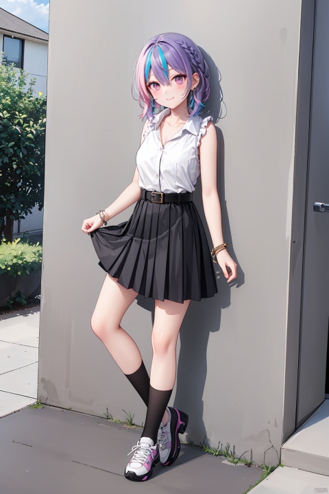 1girl, solo, Waist-length hair, Long hair, collarbone, jewelry, very long hair, Black hair, earrings, belt, pink eyes, two-tone hair, streaked hair,full body ,breasts, looking at viewer, blush, smile, bangs, skirt,Sleeveless, shirt, black hair, hair ornament, hair between eyes, closed mouth, underwear, white shirt, braid, thighs, multicolored hair, sneaker, outdoors, day, collared shirt, belt, two-tone hair, streaked hair, high heels, feet,Knee-high socks,Stand against the wall,stand, bracelet,Purple hair, hiiragi yuzu,Black socks,Black hot pants