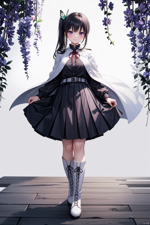  1girl, solo, long hair, breasts, looking at viewer, blush, smile, bangs, skirt, large breasts, black hair, hair ornament, long sleeves, closed mouth, underwear, standing, purple eyes, jacket, full body, pleated skirt, boots, belt, miniskirt, black skirt, cape, side ponytail, white footwear, knee boots, cross-laced footwear, lace-up boots, butterfly hair ornament, white cape, white belt, demon slayer uniform, tsuyuri kanao, miniskirt,high heels,Wisteria flowers, Tsuyuri_CYQL,butterfly hair