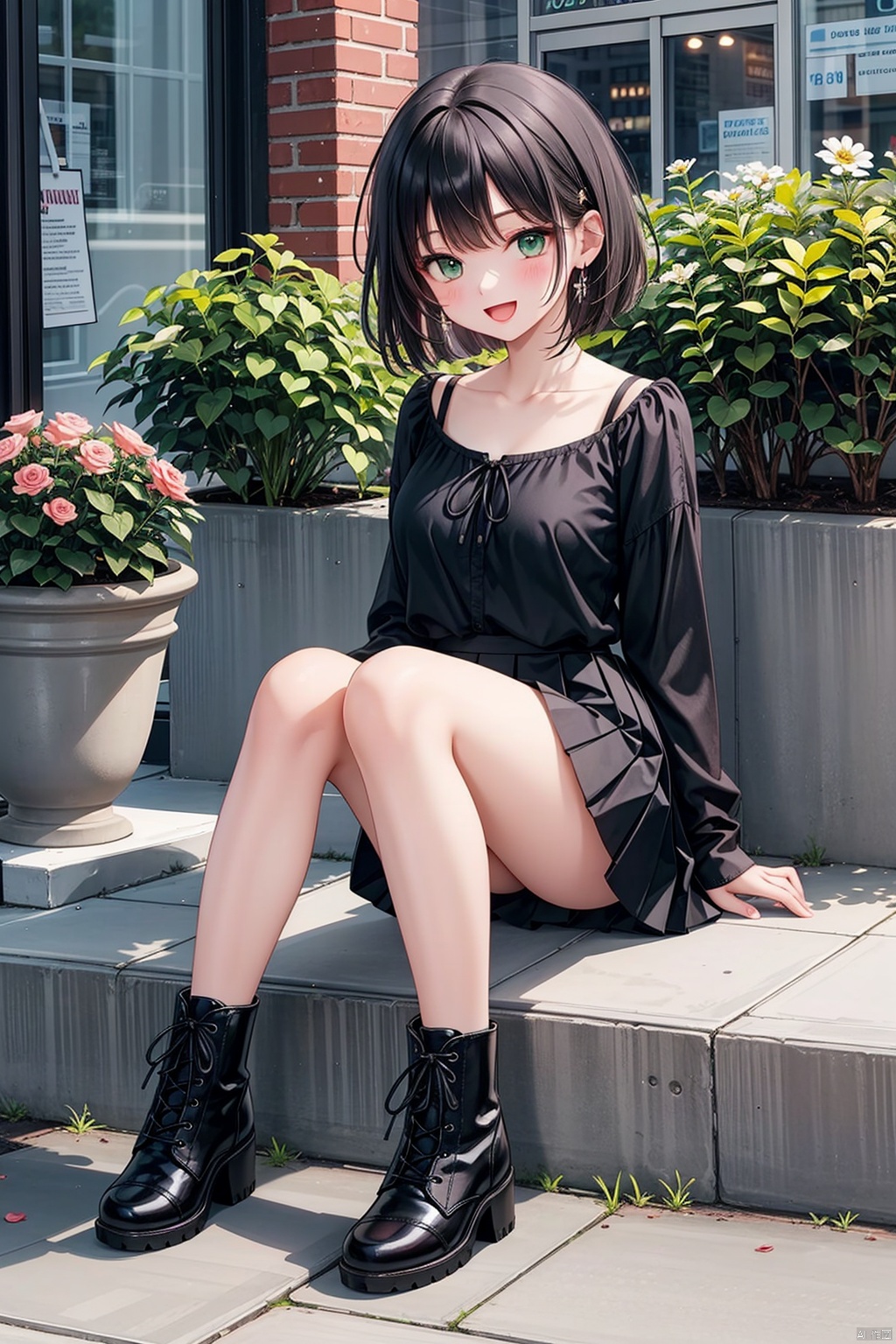  1girl, solo, breasts, looking at viewer, blush, smile, short hair, open mouth, bangs, skirt, shirt, black hair, long sleeves, medium breasts, sitting, green eyes, collarbone, full body, flower, :d, pleated skirt, boots, outdoors, day, miniskirt, black skirt, black footwear, black shirt, plant, cross-laced footwear, lace-up boots, potted plant,,high heels,miniskirt