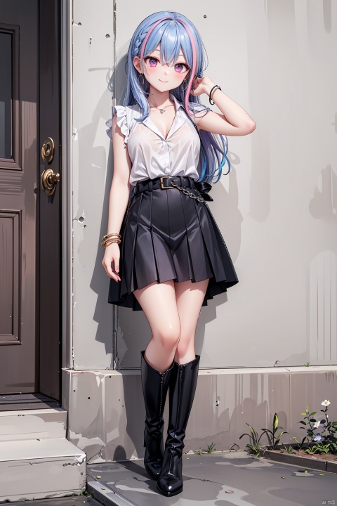 1girl, solo, Waist-length hair, Long hair, collarbone, jewelry, very long hair, Black hair, earrings, belt, pink eyes, two-tone hair, streaked hair,full body ,breasts, looking at viewer, blush, smile, bangs, skirt,Sleeveless, shirt, black hair, hair ornament, hair between eyes, closed mouth, underwear, white shirt, braid, thighs, multicolored hair, boots, outdoors, day, collared shirt, belt, two-tone hair, streaked hair, high heels, feet,Knee boots,Stand against the wall,stand, bracelet,Purple hair, hiiragi yuzu