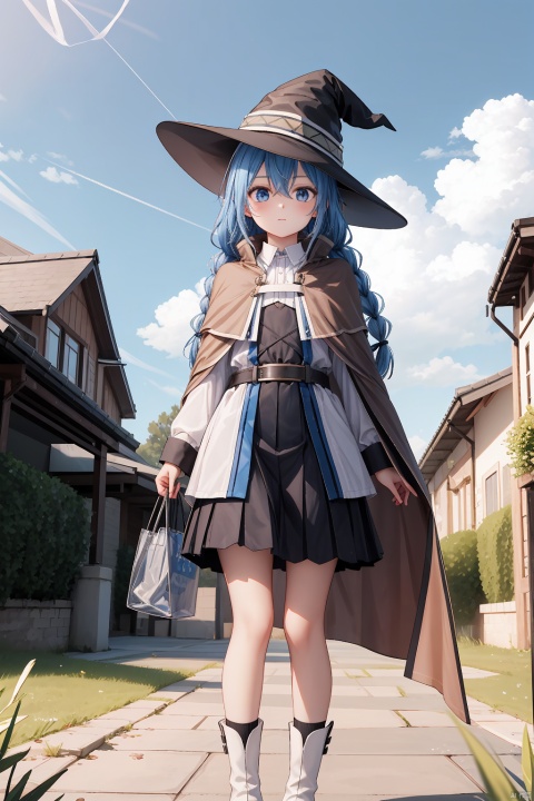 1girl, solo, long hair, looking at viewer, bangs, blue eyes, skirt, shirt, long sleeves, hat, holding, hair between eyes, closed mouth, blue hair, standing, white shirt, braid, pleated skirt, boots, outdoors, sky, day, socks, belt, cloud, black skirt, bag, cape, twin braids, blue sky, black headwear, witch hat, grass, plant, black socks, building, bubble, potted plant, holding bag, house, brown cape, roxy migurdia, LQX_CYQL,very long hair,twin braid