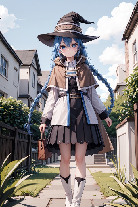 1girl, solo, long hair, looking at viewer, bangs, blue eyes, skirt, shirt, long sleeves, hat, holding, hair between eyes, closed mouth, blue hair, standing, white shirt, braid, pleated skirt, boots, outdoors, sky, day, socks, belt, cloud, black skirt, bag, cape, twin braids, blue sky, black headwear, witch hat, grass, plant, black socks, building, bubble, potted plant, holding bag, house, brown cape, roxy migurdia, LQX_CYQL,very long hair,twin braid,hair ribbon