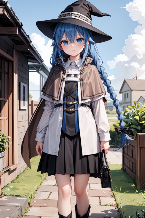 1girl, solo, long hair, looking at viewer, bangs, blue eyes, skirt, shirt, long sleeves, hat, holding, hair between eyes, closed mouth, blue hair, standing, white shirt, braid, pleated skirt, boots, outdoors, sky, day, socks, belt, cloud, black skirt, bag, cape, twin braids, blue sky, black headwear, witch hat, grass, plant, black socks, building, bubble, potted plant, holding bag, house, brown cape, roxy migurdia, LQX_CYQL,very long hair,twin braid,hair ribbon
