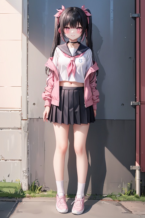  1girl, solo, long hair, breasts, looking at viewer, blush, smile, bangs, skirt, shirt, black hair, long sleeves, ribbon, twintails, school uniform, standing, jacket, full body, hair ribbon, white shirt, heart, pleated skirt, outdoors, open clothes, shoes, serafuku, choker, socks, hand up, black skirt, pink eyes, sailor collar, off shoulder, open jacket, neckerchief, symbol-shaped pupils, bare legs, black socks, sneakers, white sailor collar, pink jacket,Back to the wall,Expose your belly button