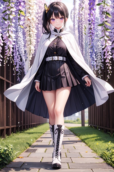  1girl, solo, long hair, breasts, looking at viewer, blush, smile, bangs, skirt, large breasts, black hair, hair ornament, long sleeves, closed mouth, underwear, standing, purple eyes, jacket, full body, pleated skirt, boots, belt, miniskirt, black skirt, cape, side ponytail, white footwear, knee boots, cross-laced footwear, lace-up boots, butterfly hair ornament, white cape, white belt, demon slayer uniform, tsuyuri kanao, miniskirt,high heels,Wisteria flowers, Tsuyuri_CYQL,butterfly hair,Short groups,Stiletto boots