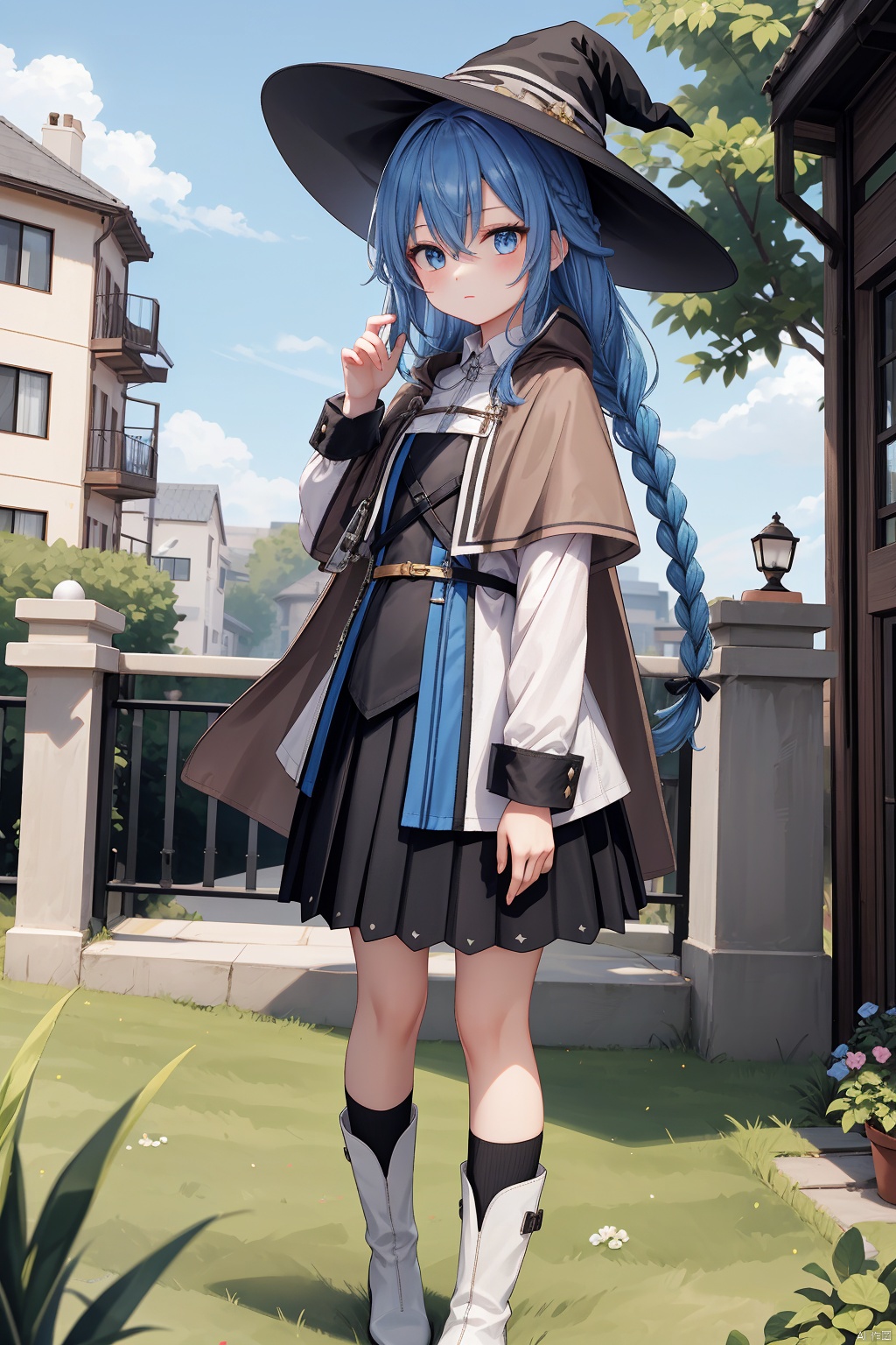 1girl, solo, long hair, looking at viewer, bangs, blue eyes, skirt, shirt, long sleeves, hat, holding, hair between eyes, closed mouth, blue hair, standing, white shirt, braid, pleated skirt, boots, outdoors, sky, day, socks, belt, cloud, black skirt, bag, cape, twin braids, blue sky, black headwear, witch hat, grass, plant, black socks, building, bubble, potted plant, holding bag, house, brown cape, roxy migurdia, LQX_CYQL,very long hair,twin braid,hair ribbon