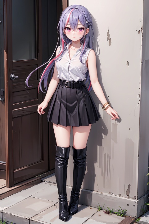 1girl, solo, Waist-length hair, Long hair, collarbone, jewelry, very long hair, Black hair, earrings, belt, pink eyes, two-tone hair, streaked hair,full body ,breasts, looking at viewer, blush, smile, bangs, skirt,Sleeveless, shirt, black hair, hair ornament, hair between eyes, closed mouth, underwear, white shirt, braid, thighs, multicolored hair, boots, outdoors, day, collared shirt, belt, two-tone hair, streaked hair, high heels, feet,Knee boots,Stand against the wall,stand, bracelet,Purple hair, hiiragi yuzu