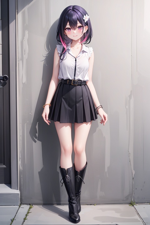 1girl, solo, Waist-length hair, Long hair, collarbone, jewelry, very long hair, Black hair, earrings, belt, pink eyes, two-tone hair, streaked hair,full body ,breasts, looking at viewer, blush, smile, bangs, skirt,Sleeveless, shirt, black hair, hair ornament, hair between eyes, closed mouth, underwear, white shirt, braid, thighs, multicolored hair, boots, outdoors, day, collared shirt, belt, two-tone hair, streaked hair, high heels, feet,Knee boots,Stand against the wall,stand, bracelet,Purple hair, hiiragi yuzu