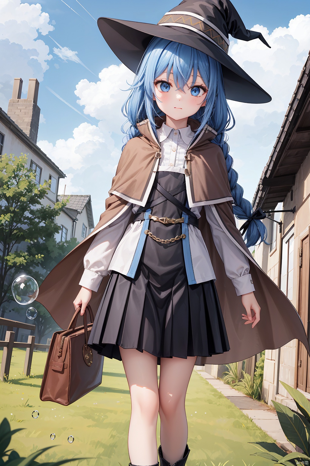 1girl, solo, long hair, looking at viewer, bangs, blue eyes, skirt, shirt, long sleeves, hat, holding, hair between eyes, closed mouth, blue hair, standing, white shirt, braid, pleated skirt, boots, outdoors, sky, day, socks, belt, cloud, black skirt, bag, cape, twin braids, blue sky, black headwear, witch hat, grass, plant, black socks, building, bubble, potted plant, holding bag, house, brown cape, roxy migurdia, LQX_CYQL,very long hair,twin braid,hair ribbon