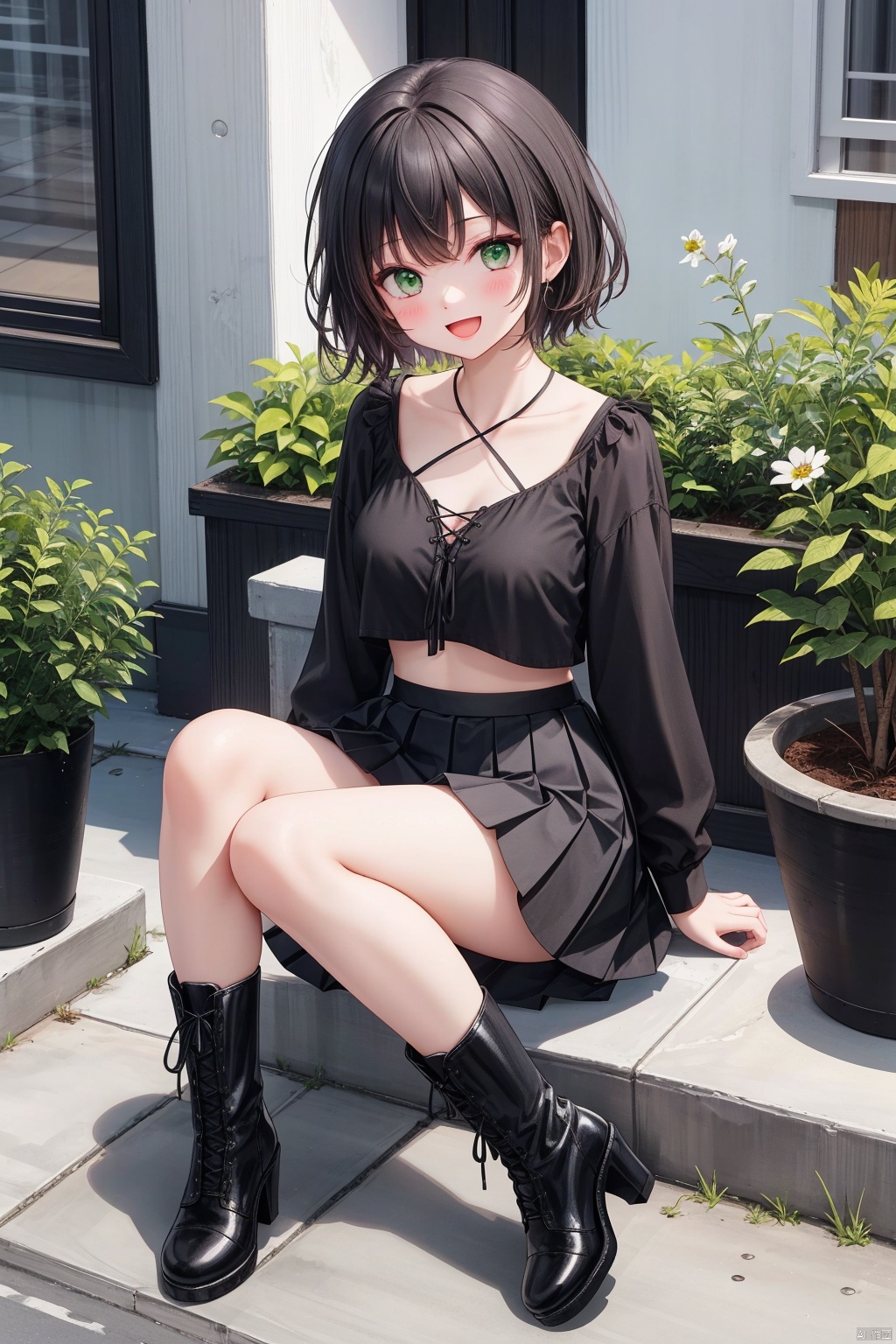  1girl, solo, breasts, looking at viewer, blush, smile, short hair, open mouth, bangs, skirt, shirt, black hair, long sleeves, medium breasts, sitting, green eyes, collarbone, full body, flower, :d, pleated skirt, boots, outdoors, day, miniskirt, black skirt, black footwear, black shirt, plant, cross-laced footwear, lace-up boots, potted plant,,high heels,miniskirt