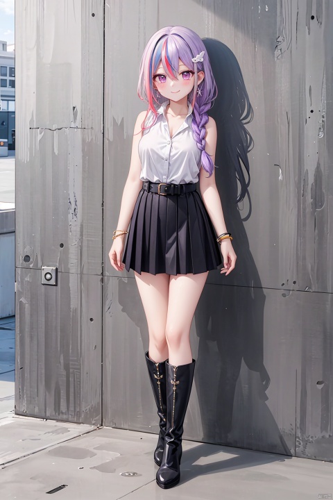 1girl, solo, Waist-length hair, Long hair, collarbone, jewelry, very long hair, Black hair, earrings, belt, pink eyes, two-tone hair, streaked hair,full body ,breasts, looking at viewer, blush, smile, bangs, skirt,Sleeveless, shirt, black hair, hair ornament, hair between eyes, closed mouth, underwear, white shirt, braid, thighs, multicolored hair, boots, outdoors, day, collared shirt, belt, two-tone hair, streaked hair, high heels, feet,Knee boots,Stand against the wall,stand, bracelet,Purple hair, hiiragi yuzu