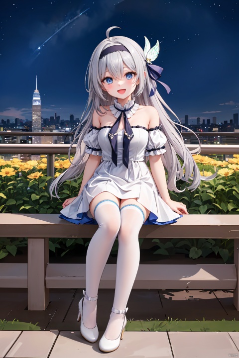 1girl, solo, long hair, breasts, looking at viewer, smile, open mouth, bangs, blue eyes, hair ornament, thighhighs, dress, ribbon, hair between eyes, bare shoulders, sitting, full body, hair ribbon, flower, ahoge, short sleeves, :d, grey hair, hairband, outdoors, detached sleeves, sky, puffy sleeves, white dress, high heels, white thighhighs, strapless, white footwear, building, strapless dress, between legs, blue flower, hand between legs, cityscape, firefly \(honkai: star rail\)