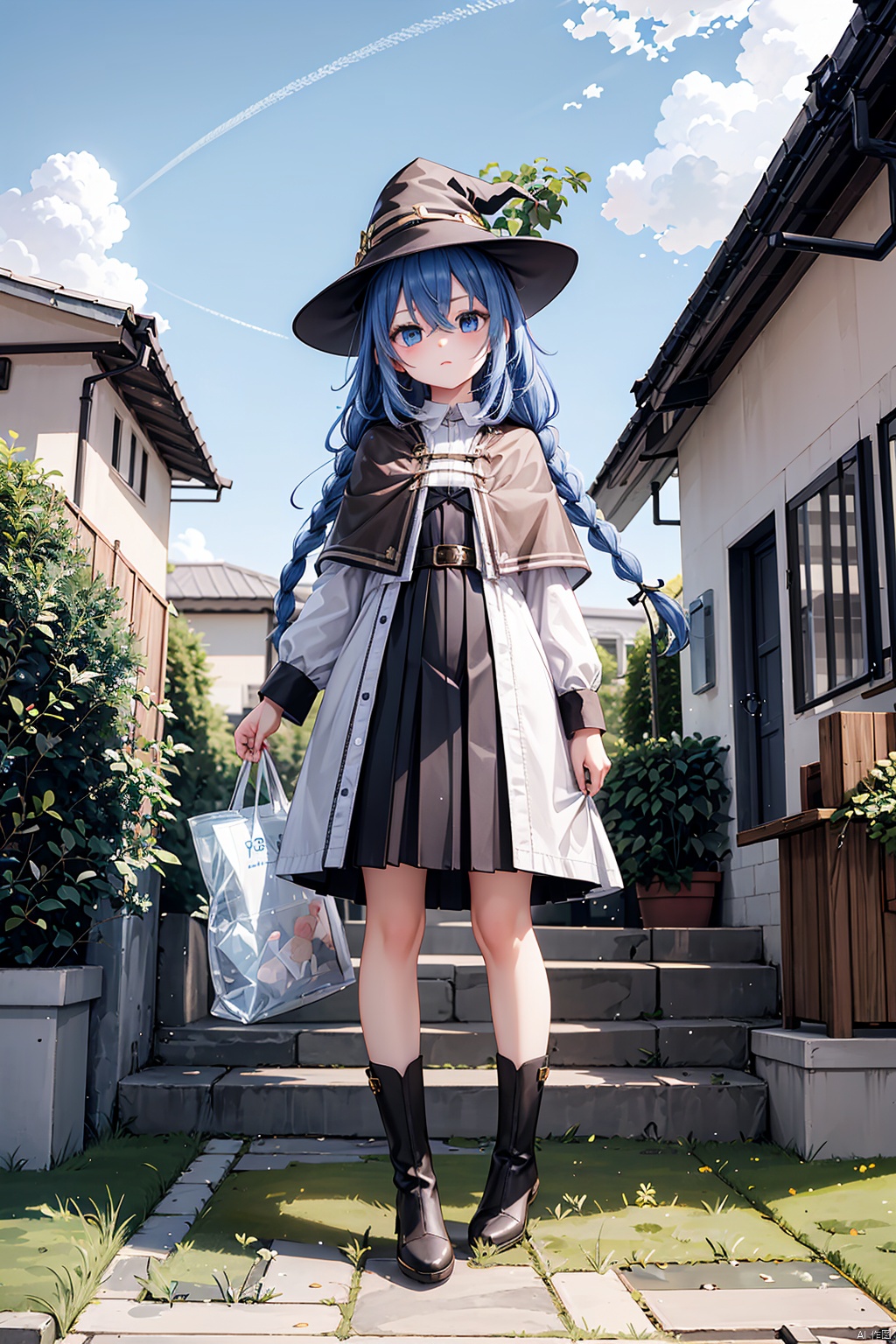 1girl, solo, long hair, looking at viewer, bangs, blue eyes, skirt, shirt, long sleeves, hat, holding, hair between eyes, closed mouth, blue hair, standing, white shirt, braid, pleated skirt, boots, outdoors, sky, day, socks, belt, cloud, black skirt, bag, cape, twin braids, blue sky, black headwear, witch hat, grass, plant, black socks, building, bubble, potted plant, holding bag, house, brown cape, roxy migurdia, LQX_CYQL,very long hair,twin braid