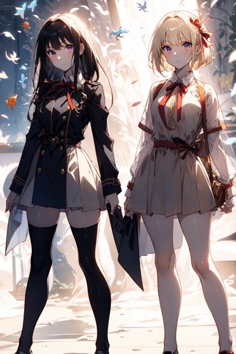 2girls, multiple girls, Chisato and Takina, nishikigi chisato\( blonde hair, short hair, red eyes, red lycoris uniform, neck ribbon, black socks \), inoue takina\( black hair, long hair, purple eyes, dark blue lycoris uniform, neck ribbon, black socks \), 
(high resolution, 8k, incredible quality, best quality, ultra-detailed, highly detailed, masterpiece:1.2), illustration, PIXIV, (beautiful face, beautiful detail face, cute and delicate face, delicate face, perfect face, golden ratio, golden ratio face:1.1), perfect body, slender waistline, slim legs, (high detail skin, natural skin texture, real skin texture:1.1), yuzu, full body, 

(aquarium:1.3), 