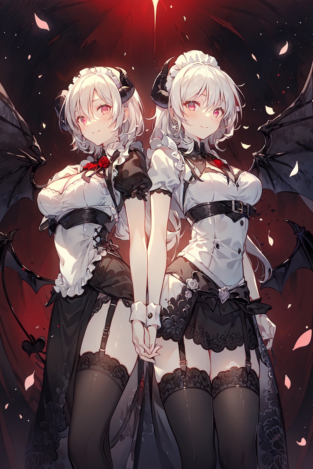 2girls\( two side, 
(1girl and (long_hair:1.2) and (black and red lace-trimmed bra, black_armor, armored_dress:1.2)), (1girl and (short_hair:1.2) and (maid_costume, maid_uniform, maid_dress:1.2))
\)
(high resolution, 8k, incredible quality, best quality, ultra-detailed, highly detailed, masterpiece:1.2), illustration, PIXIV, 
demon_girl, succubus, (beautiful face, beautiful detail face, cute and delicate face, delicate face, perfect face, golden ratio, golden ratio face:1.1), (white_hair, hair between eyes:1.2), (red_eyes:1.3), (expressionless eyes, extreme detailed eyes, beautiful detailed eyes:1.2), (black silk stocking:1.3), (sexy lingerie, garter_belt, garter_straps:1.2), kneesocks, (demon_wings:1.3), (demon_horns:1.2), evil smile, perfect body, breasts, large breasts, cleavage, slender waistline, slim legs, (high detail skin, natural skin texture, real skin texture:1.1), dancing, yuzu, full body, 
dark fantasy art, starry sky, beautiful detailed sky, flowers (innocent grey), flower_petals,  flying_petals, Bloodstain, Exquisite Flame, burning,