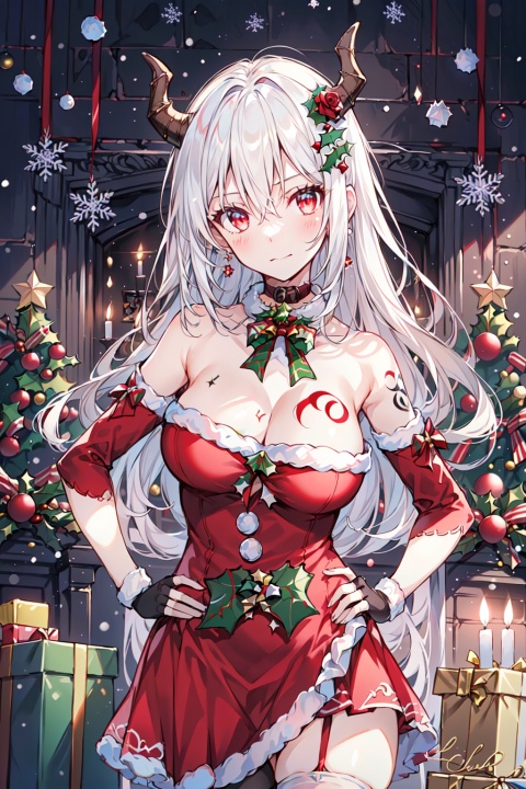  1girl\( demon_girl, succubus, (beautiful face, beautiful detail face, cute and delicate face, delicate face, perfect face, golden ratio, golden ratio face:1.1), (long_hair, white_hair, hair between eyes, christmas tree hair ornament:1.5), (glowing red_eyes:1.3), (expressionless eyes, extreme detailed eyes, beautiful detailed eyes:1.2), (bare shoulders, black rose tattooes on breast, christmas, santa costume, christmas dress, red dress, fingerless gloves, red and white striped thighhighs, red and white striped stockings:1.5), (demon_wings:1.3), (demon_horns:1.2), evil smile \), 

perfect body, breasts, large breasts, cleavage, slender waistline, slim legs, (high detail skin, natural skin texture, real skin texture:1.1), dancing, (high resolution, 8k, incredible quality, best quality, ultra-detailed, highly detailed, masterpiece:1.2), illustration, PIXIV, solo, (upper body, hand_on_hip:1.5), 

(gothic fantasy, gothic art, gothic fashion, gothic theme:1.4), (christmas tree, christmas lights, gift box, candle,fire:1.3),qzclothesdesign,圣诞节, HUBG_Christmas_dress, snowing, CHRISTMAS