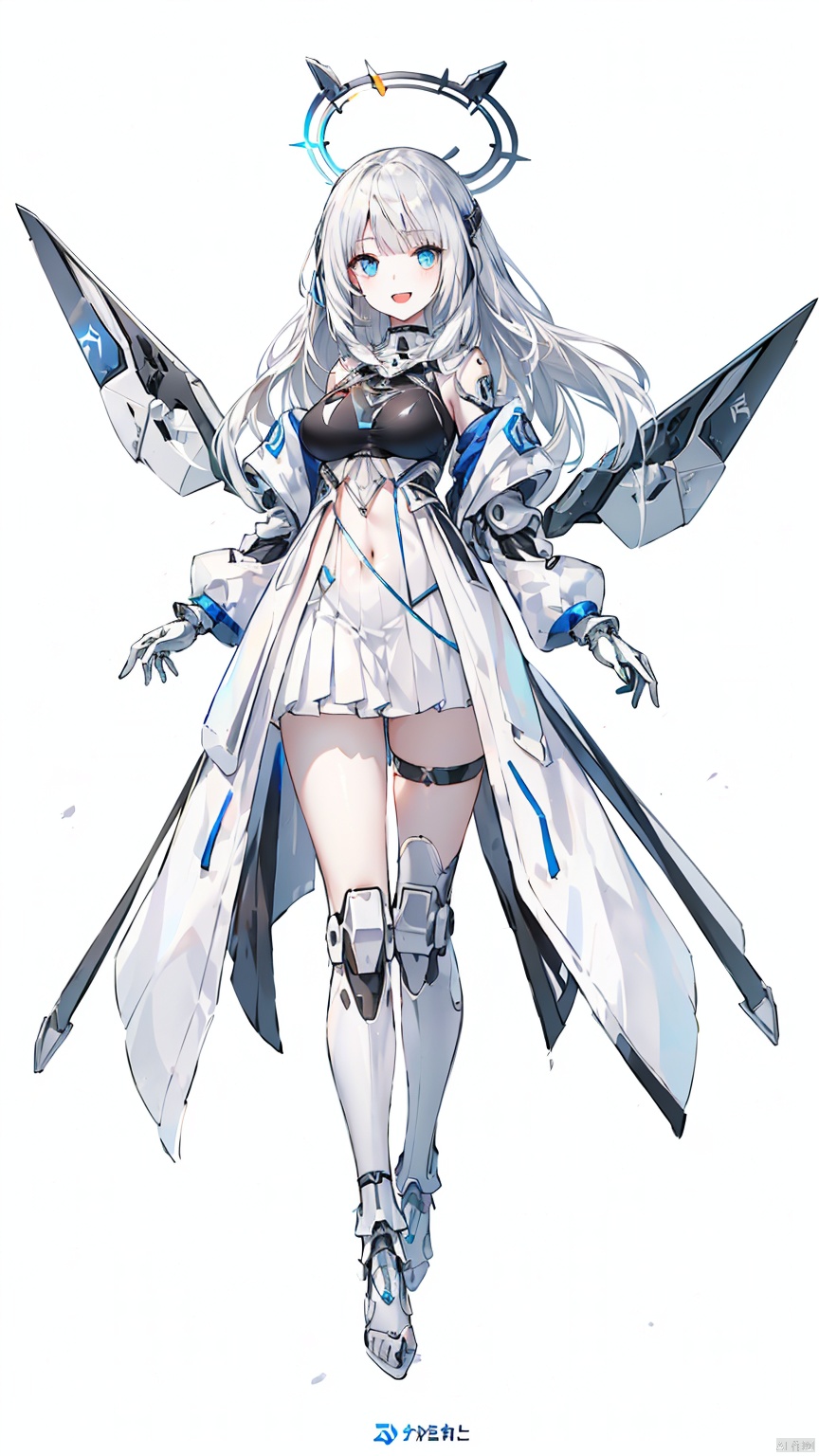 (Best quality), (masterpiece), stunning visuals, sense of space, maiden, Mecha, background mechanical lab, silver blue background, light blue eyes, long white hair, hand wearing blue and white mechanical gloves with a flowery pattern on the glove, open mouth, smile, white hair, looking at the audience, (showing white belly, mechanical metal skirt, reflective, full body), (Large breasts exposed), bangs, (white thighs with metal love ornaments on the thighs), long legs, (pale metal wings, floating, floating in the middle of the halo), (bare feet, white instep, with anklets on the feet)