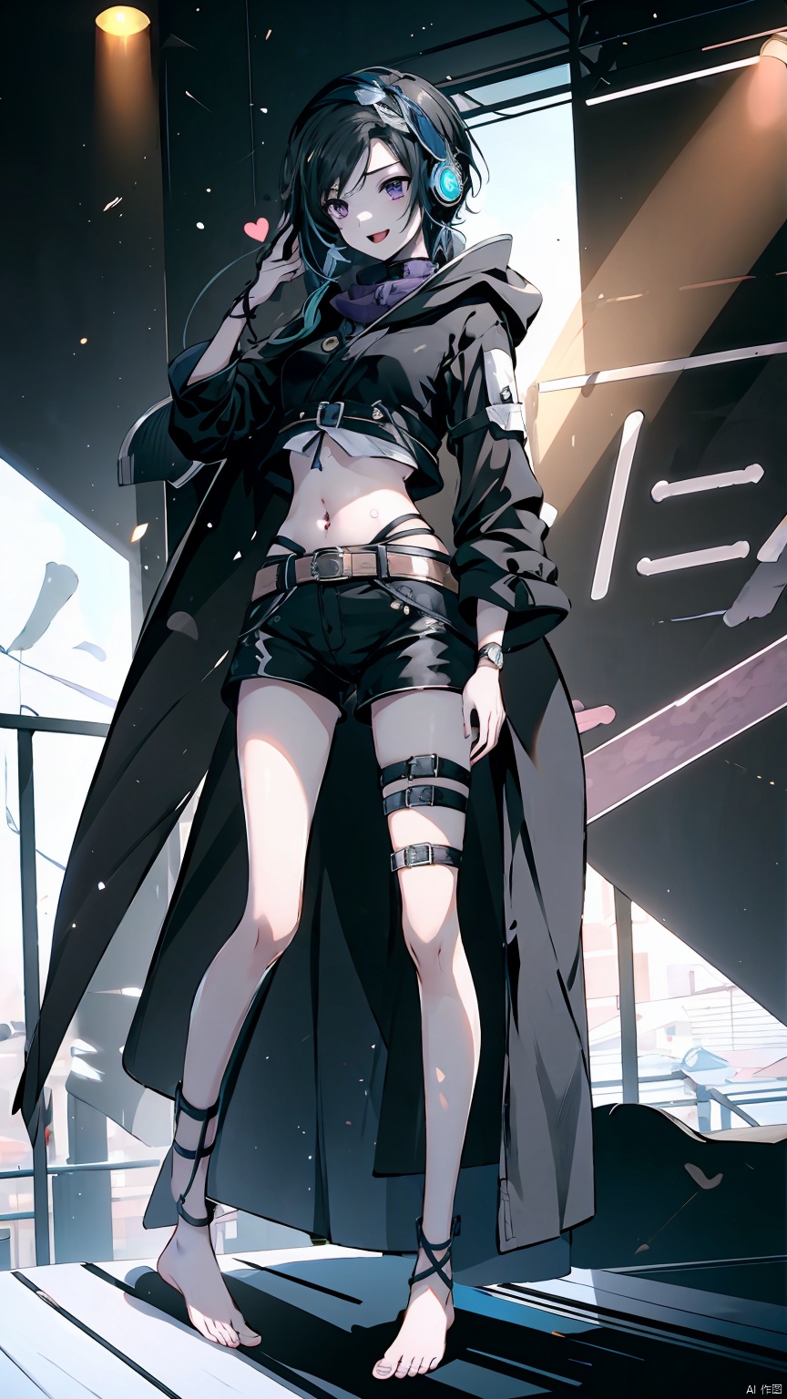  Girl, shirt, shorts, short white hair, belly button, purple eyes, (standing on stage), smile, long legs, short shorts, looking at the audience, open mouth, belly button, (black coat coat), sousing, (showing belly, heart tattoo on belly), (showing white *****, trembling *****) headphones, fair long legs, white thighs, crop top, short sleeves, Black shorts, (bare feet, white bare feet), , , , , , , XuNian