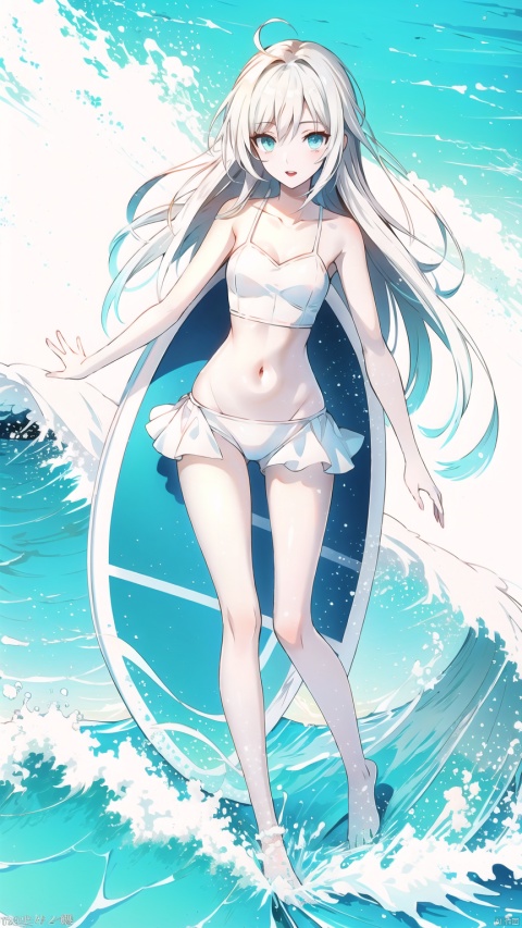 (The beach in the background, standing on the waves on the pedals) Long hair, flowing hair, messy hair, shiny eyes, sexy red lips, (showing white belly), (showing white slender thighs, sexy long legs) long hair, (bare feet, delicate bare feet, stepping on the pedals, riding the waves), (wet shiny bathing suit, dripping water on the fair skin), , phSaber