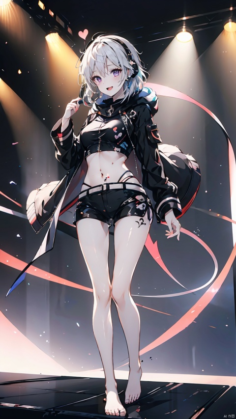  Girl, shirt, shorts, short white hair, belly button, purple eyes, (standing on stage), smile, long legs, short shorts, looking at the audience, open mouth, belly button, (black coat coat), sousing, (showing belly, heart tattoo on belly), (showing white pussy, trembling pussy) headphones, fair long legs, white thighs, crop top, short sleeves, Black shorts, (bare feet, white bare feet), , , , , 