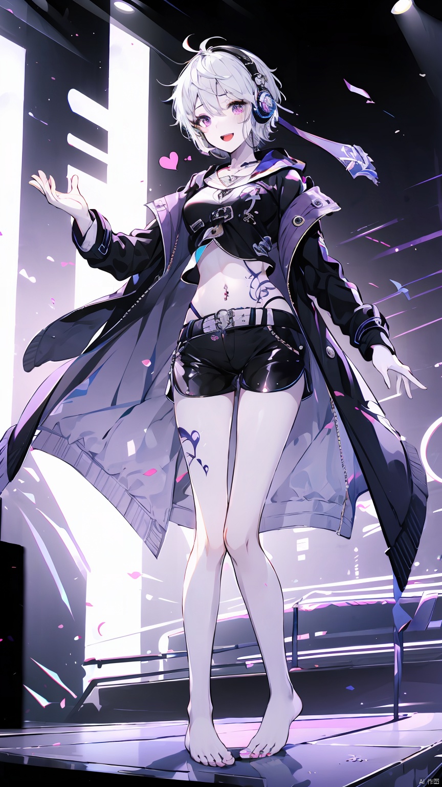  Girl, shirt, shorts, short white hair, belly button, purple eyes, (standing on stage), smile, long legs, short shorts, looking at the audience, open mouth, belly button, (black coat coat), sousing, (showing belly, heart tattoo on belly), (showing white *****, trembling *****) headphones, fair long legs, white thighs, crop top, short sleeves, Black shorts, (bare feet, white bare feet), , , , , ,
