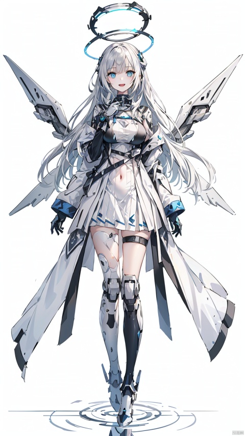 (Best quality), (masterpiece), stunning visuals, sense of space, maiden, Mecha, background mechanical lab, silver blue background, light blue eyes, long white hair, hand wearing blue and white mechanical gloves with a flowery pattern on the glove, open mouth, smile, white hair, looking at the audience, (showing white belly, mechanical metal skirt, reflective, full body), (Large breasts exposed), bangs, (white thighs with metal love ornaments on the thighs), long legs, (pale metal wings, floating, floating in the middle of the halo), (bright silver boots)