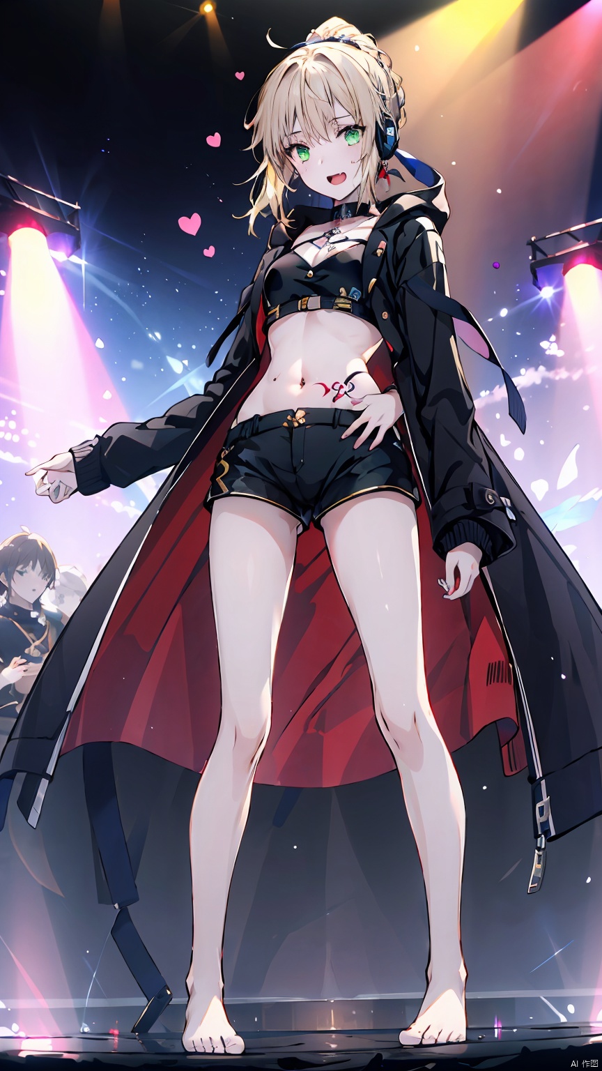  Girl, shirt, shorts, short blond hair, belly button, green eyes, (standing on stage), smile, long legs, short shorts, looking at the audience, open mouth, belly button, (black coat coat), sousing, (showing belly, heart tattoo on belly), (showing white *****, trembling *****) headphones, fair long legs, white thighs, crop top, short sleeves, Black shorts, (bare feet, white bare feet), , , , phSaber