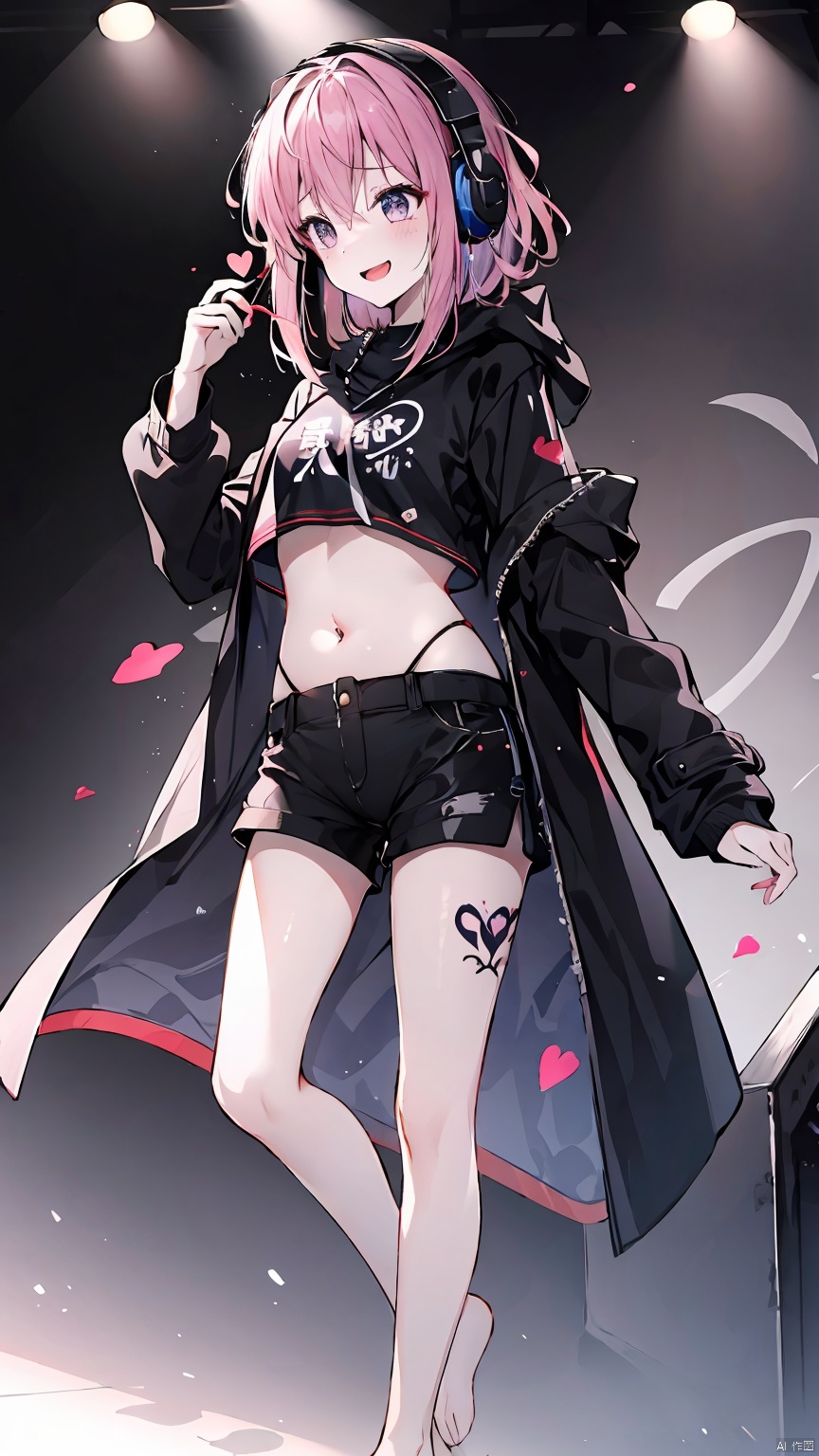  Girl, shirt, shorts, short white hair, belly button, purple eyes, (standing on stage), smile, long legs, short shorts, looking at the audience, open mouth, belly button, (black coat coat), sousing, (showing belly, heart tattoo on belly), (showing white *****, trembling *****) headphones, fair long legs, white thighs, crop top, short sleeves, Black shorts, (bare feet, white bare feet), , , , , , gotou hitori