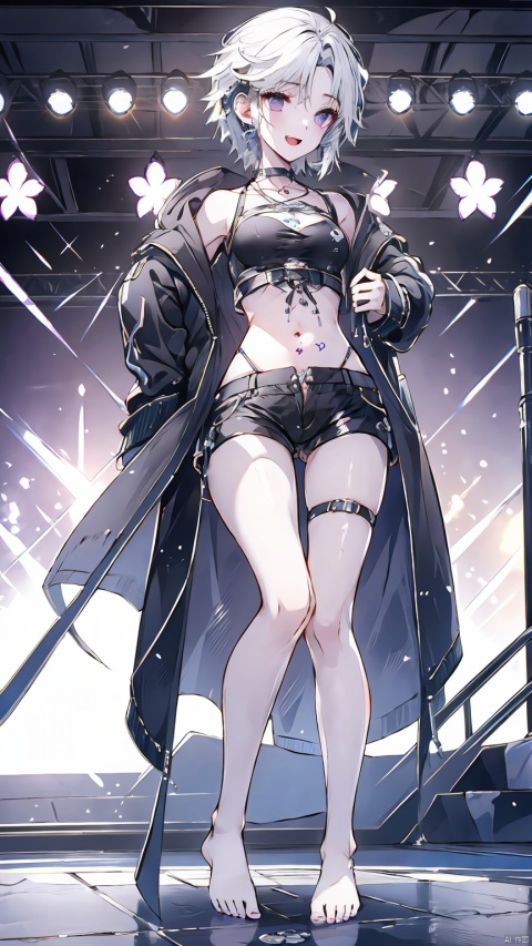  Girl, shirt, shorts, short white hair, belly button, purple eyes, (standing on stage), smile, long legs, short shorts, looking at the audience, open mouth, belly button, (black coat coat), sousing, (showing belly, heart tattoo on belly), (showing white pussy, trembling pussy) headphones, fair long legs, white thighs, crop top, short sleeves, Black shorts, (bare feet, white bare feet), , , , , 