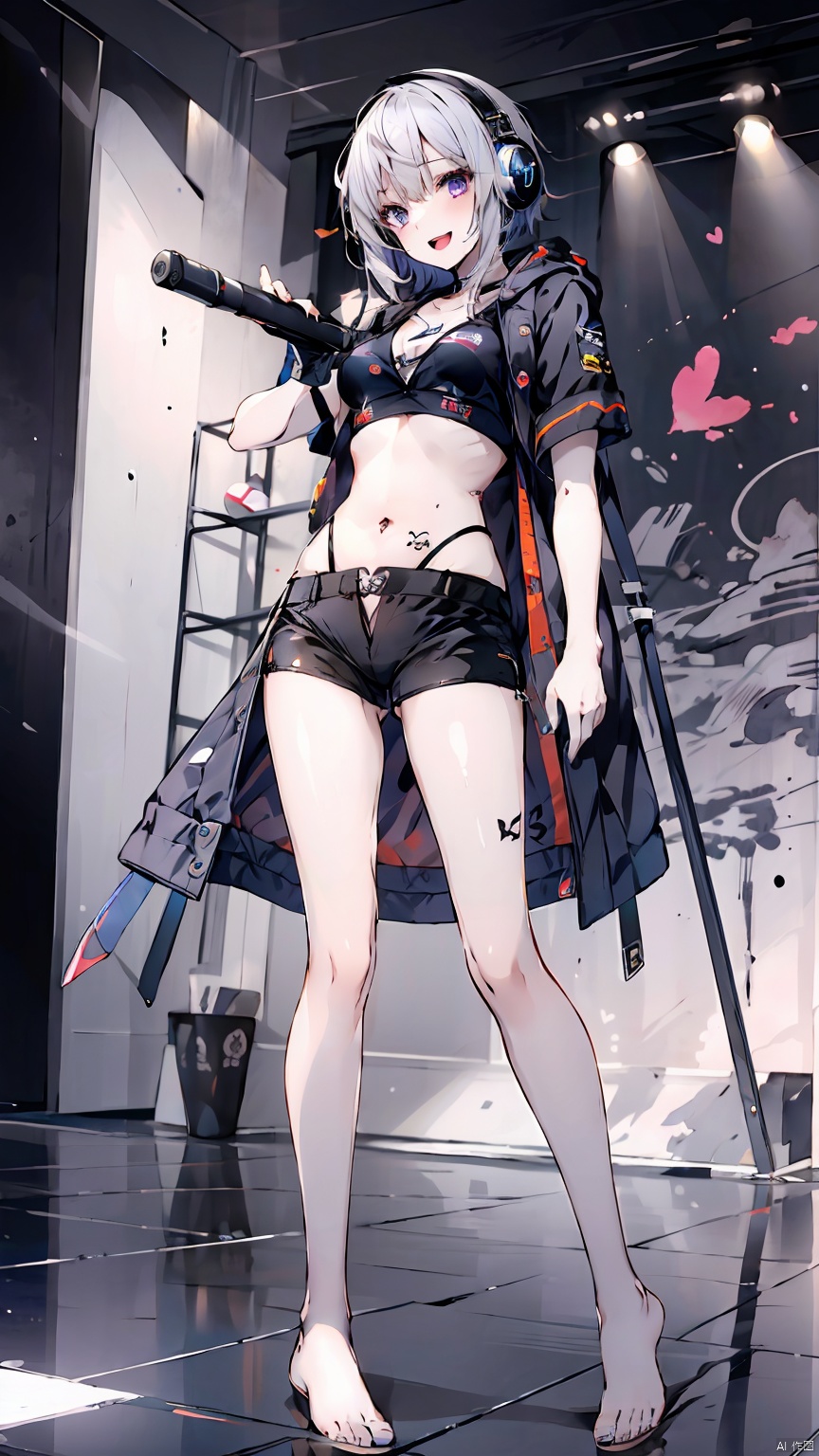  Girl, shirt, shorts, short white hair, belly button, purple eyes, (standing on stage), smile, long legs, short shorts, looking at the audience, open mouth, belly button, (black coat coat), sousing, (showing belly, heart tattoo on belly), (showing white *****, trembling *****) headphones, fair long legs, white thighs, crop top, short sleeves, Black shorts, (bare feet, white bare feet), , , , , 1girl