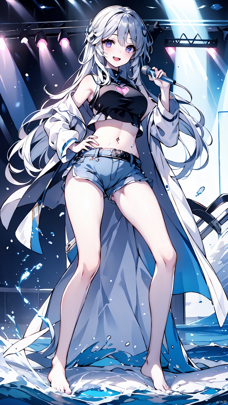  Girl, shirt, shorts, short white hair, belly button, purple eyes, (kneeling on stage, legs spread, white thighs), smile, long legs, looking at the audience, open mouth, belly button, (black coat coat), sousing, (showing belly, heart tattoo on belly), (showing white *****, trembling *****) earpiece, white big long legs, white thighs, Crop top, short sleeve, (bare feet, white bare feet),
