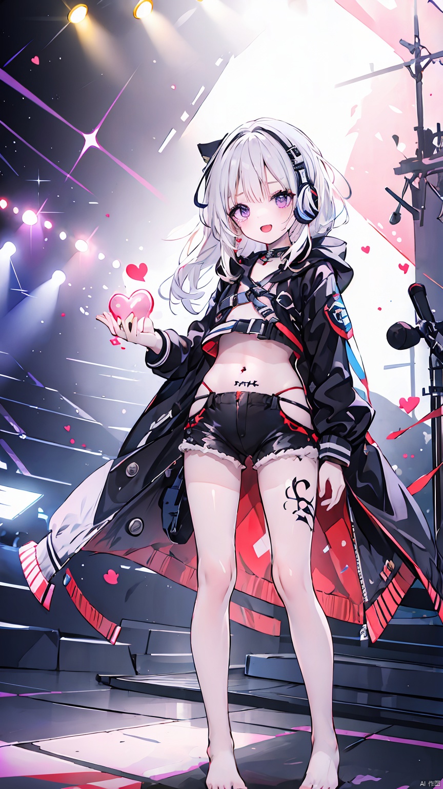  Girl, shirt, shorts, short white hair, belly button, purple eyes, (standing on stage), smile, long legs, short shorts, looking at the audience, open mouth, belly button, (black coat coat), sousing, (showing belly, heart tattoo on belly), (showing white *****, trembling *****) headphones, fair long legs, white thighs, crop top, short sleeves, Black shorts, (bare feet, white bare feet), , , , , , , 1girl, , cuteloli