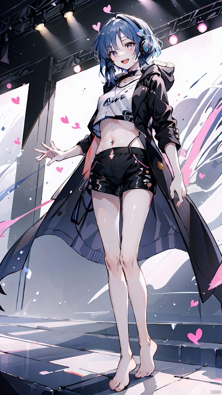  Girl, shirt, shorts, short white hair, belly button, purple eyes, (standing on stage), smile, long legs, short shorts, looking at the audience, open mouth, belly button, (black coat coat), sousing, (showing belly, heart tattoo on belly), (showing white *****, trembling *****) headphones, fair long legs, white thighs, crop top, short sleeves, Black shorts, (bare feet, white bare feet), , , , , , , aaryou