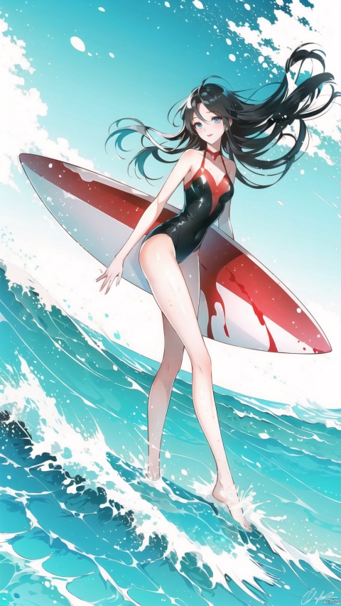  (The beach in the background, standing on the waves on the pedals) Long hair, flowing hair, messy hair, shiny eyes, sexy red lips, (showing white belly), (showing white slender thighs, sexy long legs) long hair, (bare feet, delicate bare feet, stepping on the pedals, riding the waves), (wet shiny bathing suit, dripping water on the fair skin), 1girl,black-hair