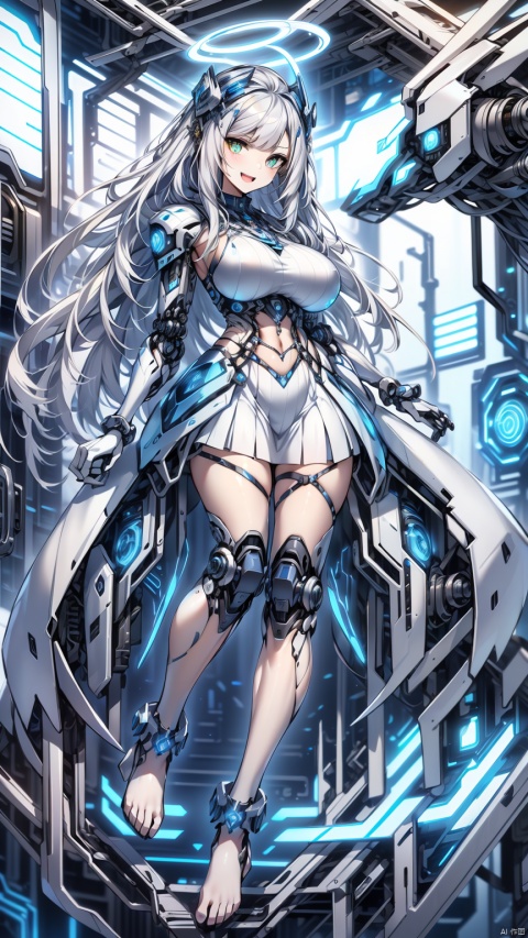 (Best quality), (masterpiece), stunning visuals, sense of space, maiden, Mecha, background mechanical lab, silver blue background, golden eyes, long dark purple hair, hand wearing blue and white mechanical gloves, with a flow pattern on the glove, open mouth, smile, white hair, looking at the audience, (mechanical metal skirt, reflective, full body), (showing large breasts), Bangs, (white thighs with metal love ornaments on the thighs), long legs, (bare feet, white instep, with anklets on the feet) (dark blue metal wings, floating, floating in the middle of the halo), cyborg