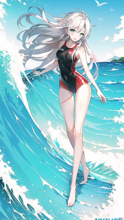 (The beach in the background, standing on the waves on the pedals) Long hair, flowing hair, messy hair, shiny eyes, sexy red lips, (showing white belly), (showing white slender thighs, sexy long legs) long hair, (bare feet, delicate bare feet, stepping on the pedals, riding the waves), (wet shiny bathing suit, dripping water on the fair skin), 1girl
