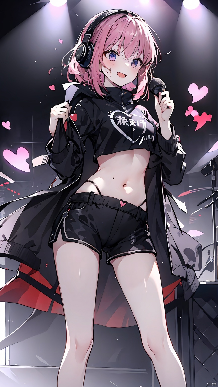  Girl, shirt, shorts, short white hair, belly button, purple eyes, (standing on stage), smile, long legs, short shorts, looking at the audience, open mouth, belly button, (black coat coat), sousing, (showing belly, heart tattoo on belly), (showing white *****, trembling *****) headphones, fair long legs, white thighs, crop top, short sleeves, Black shorts, (bare feet, white bare feet), , , , , , gotou hitori