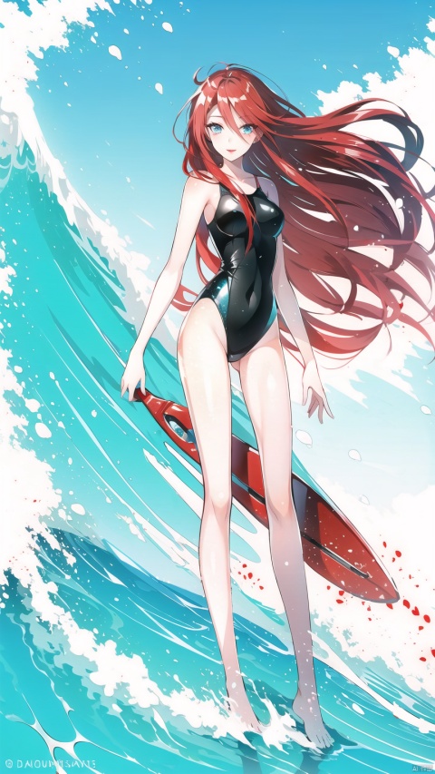 (The beach in the background, standing on the waves on the pedals) Long hair, flowing hair, messy hair, shiny eyes, sexy red lips, black red one-piece swimsuit, (showing white slender thighs, sexy long legs) long hair, (barefoot, delicate barefoot, stepping on the pedals, riding the waves), (wet shiny swimsuit, dripping water on the fair skin)1girl, surf