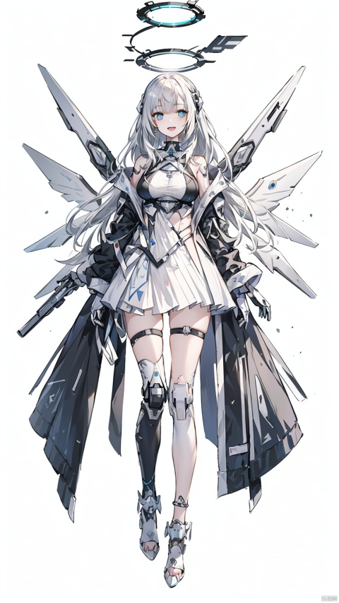  (Best quality), (masterpiece), stunning visuals, sense of space, maiden, Mecha, background mechanical lab, silver blue background, light blue eyes, long white hair, hand wearing blue and white mechanical gloves with a flowery pattern on the glove, open mouth, smile, white hair, looking at the audience, (mechanical metal skirt, reflective, full body), (showing large breasts), Bangs, (white thighs with metal love ornaments on the thighs), long legs, (bare feet, white instep with anklets on the feet) (pale metal wings, floating, floating in the middle of the halo), Cyberpunk Concept