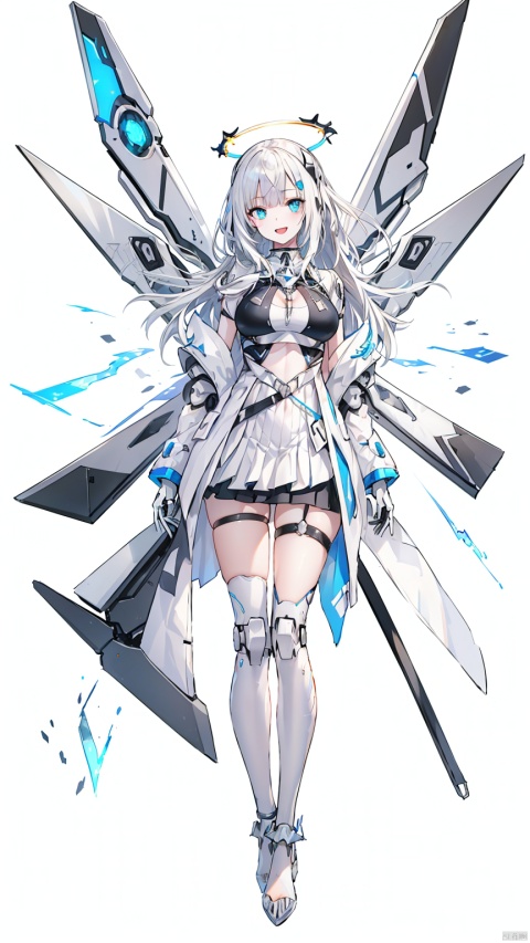 (Best quality), (masterpiece), stunning visuals, sense of space, maiden, Mecha, background mechanical lab, silver blue background, light blue eyes, long white hair, hand wearing blue and white mechanical gloves with a flowery pattern on the glove, open mouth, smile, white hair, looking at the audience, (mechanical metal skirt, reflective, full body), (showing large breasts), Bangs, (white thighs with metal love ornaments on the thighs), long legs, (bare feet, white instep with anklets on the feet) (pale metal wings, floating, floating in the middle of the halo), Cyberpunk Concept, Mechanical wings