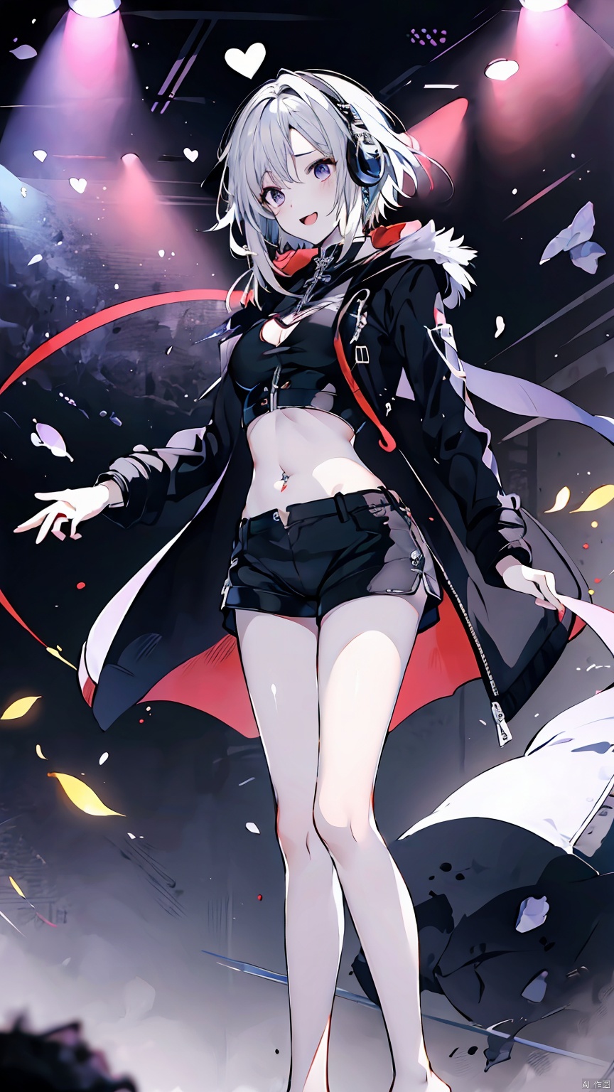  Girl, shirt, shorts, short white hair, belly button, purple eyes, (standing on stage), smile, long legs, short shorts, looking at the audience, open mouth, belly button, (black coat coat), sousing, (showing belly, heart tattoo on belly), (showing white *****, trembling *****) headphones, fair long legs, white thighs, crop top, short sleeves, Black shorts, (bare feet, white bare feet), , , , 