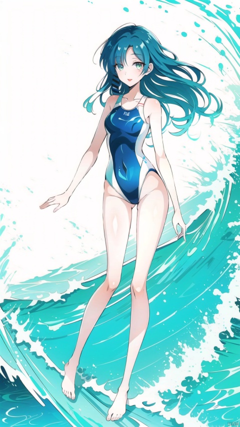 (The beach in the background, standing on the waves on the pedals) Long hair, flowing hair, messy hair, shiny eyes, sexy red lips, (showing white belly), (showing white slender thighs, sexy long legs) long hair, (bare feet, delicate bare feet, stepping on the pedals, riding the waves), (wet shiny bathing suit, dripping water on the fair skin), aaryou