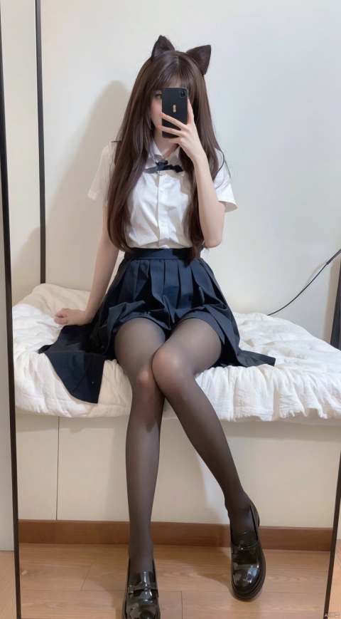  8K,Best quality, 1girl, xtt's body,A photo of oneself taken with a phone in front of a mirror,more details,white mask,full body,long wave hair,school uniform,Wearing blue Pleated skirt, wearing black pantyhose , sitting, ((Mobile selfie perspective)), shapely body,midnight, xtt, akinipples, lift top, naked, no clothes, no clothes, no bra, no pants, no underwear, exposed nipples, chest exposed, big chest, 36d exquisite nipples, pink nipples, light blue long hair, plush tail, pink long hair