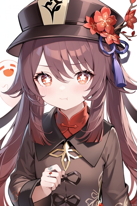 1girl, solo, long hair, looking at viewer, blush, bangs, simple background, brown hair, red eyes, long sleeves, hat, white background, twintails, jewelry, flower, book, symbol-shaped pupils, black headwear, chinese clothes, ring, ghost, :t, pout, hat flower, poking, plum blossoms, cheek poking, hu tao \(genshin impact\), boo tao \(genshin impact\)
